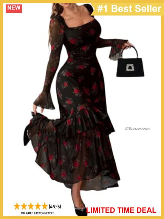 Dresses & Skirts - Women's Floral Mesh Square Neck Bell Sleeve High-Low Ruffle Maxi Dress
